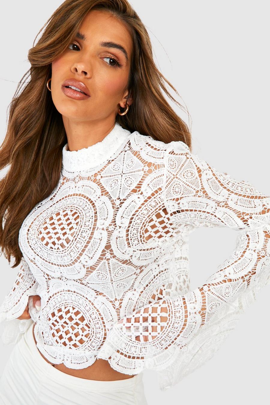 White blanc Turtle Neck Crochet Lace Crop Top image number 1