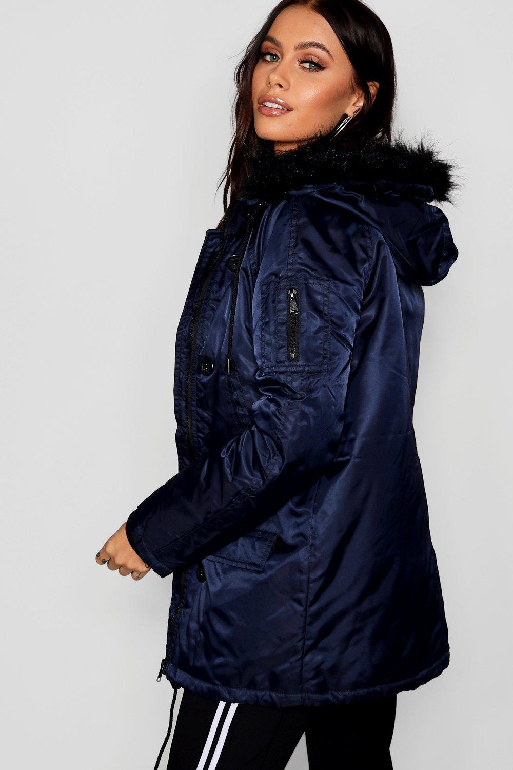 Contrast lined faux shop fur hood parka coat