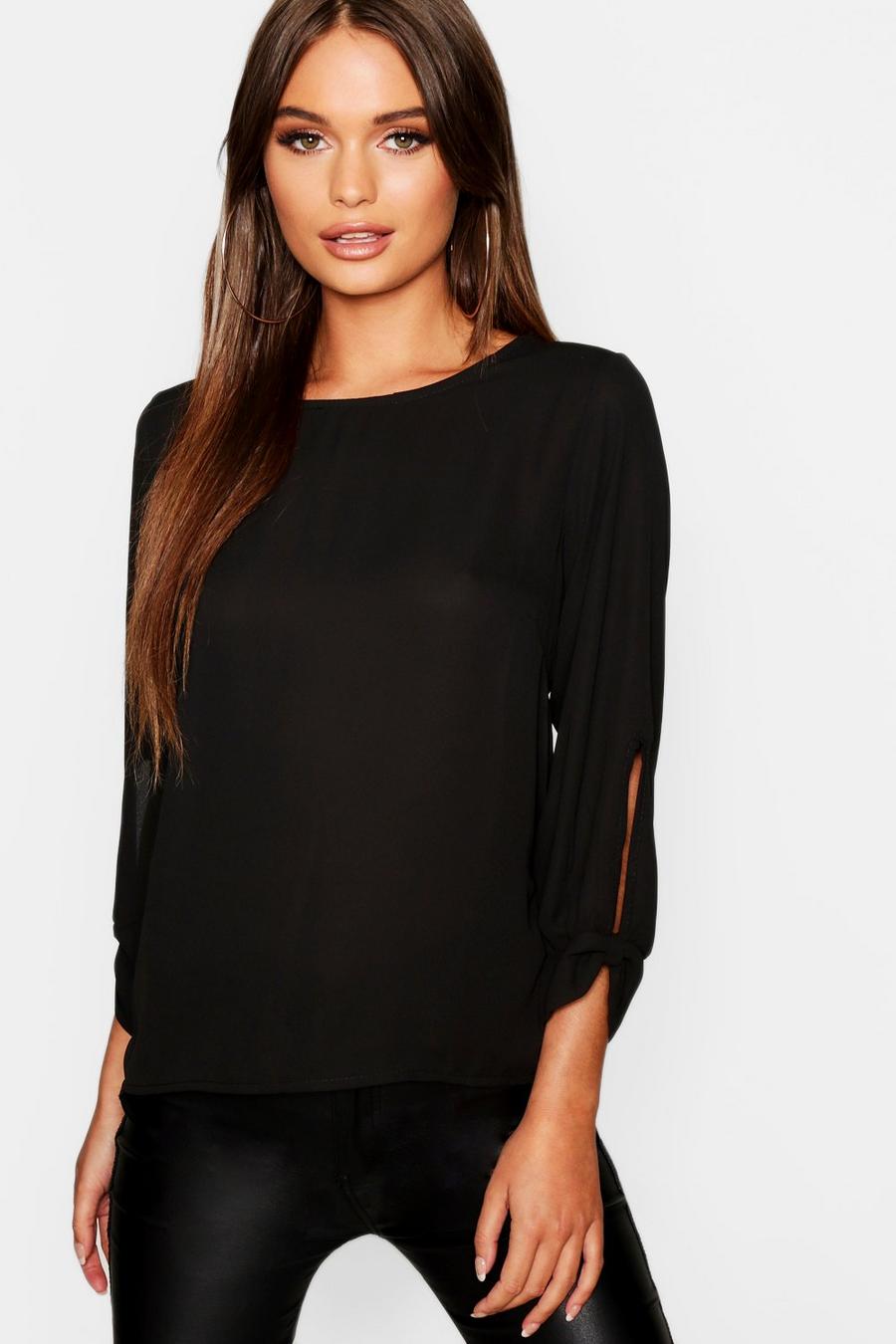 Black Bow Sleeve Woven Blouse image number 1