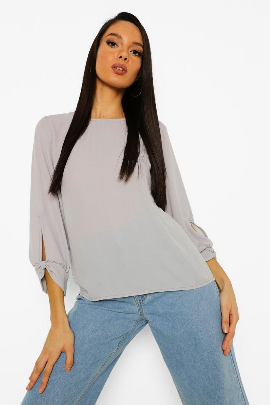 Grey Bow Sleeve Woven Blouse image number 1