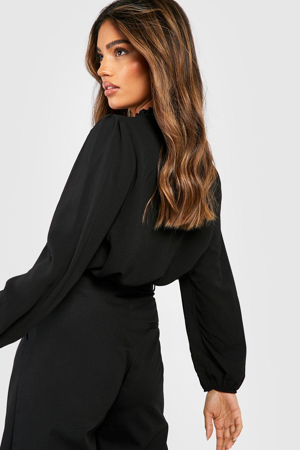 Frill Neck Blouson Wrap Top - Black