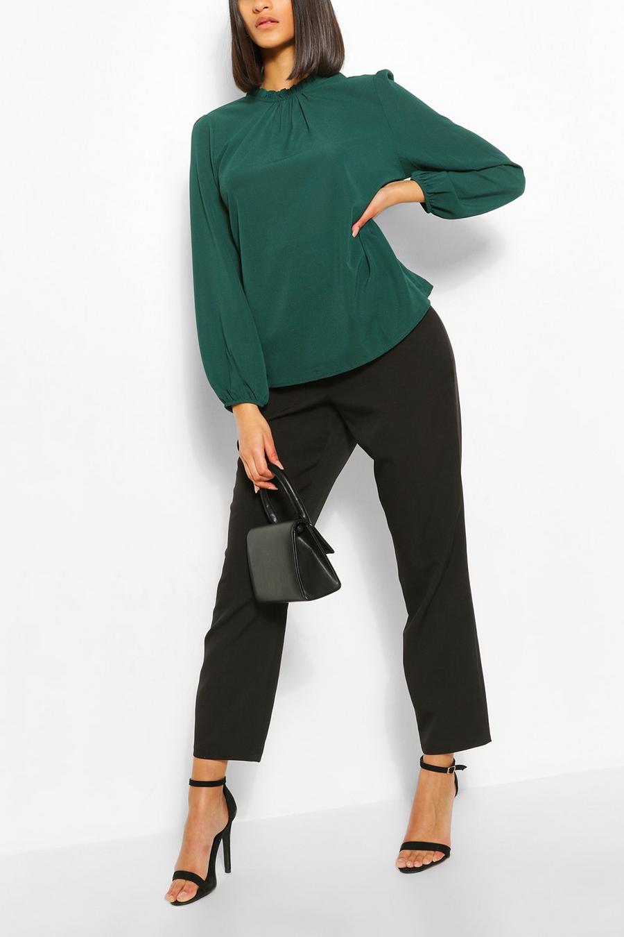 Bottle green Frill Neck Long Sleeve Woven Blouse image number 1