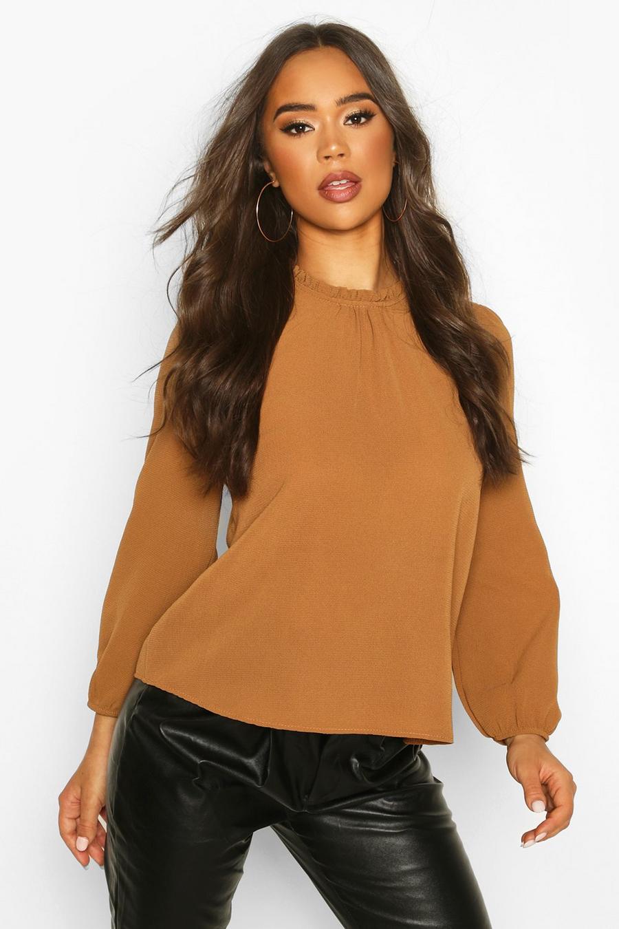 Brick Frill Neck Long Sleeve Woven Blouse image number 1