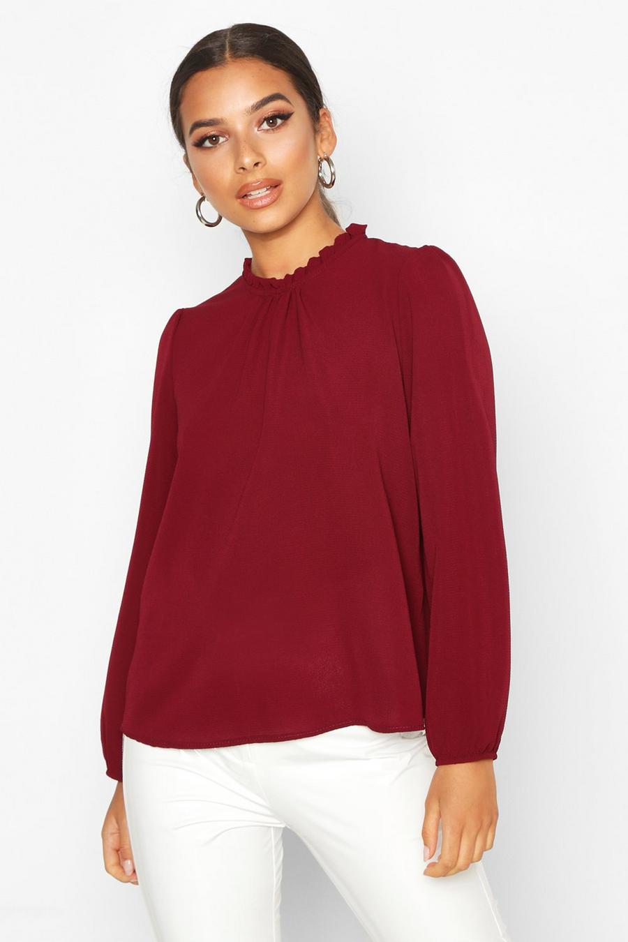 Burgundy Frill Neck Long Sleeve Woven Blouse image number 1