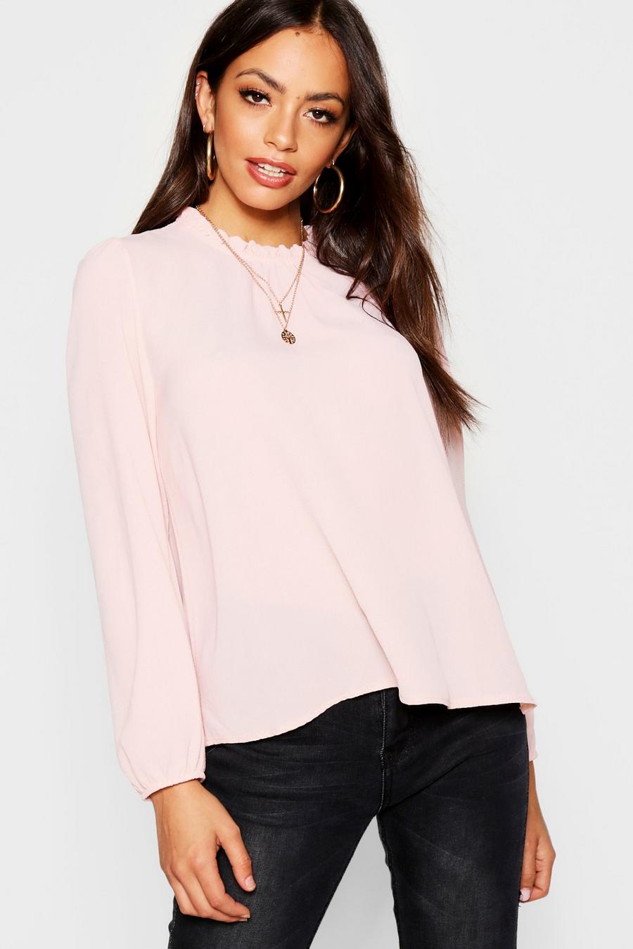 Blusa de tela y manga larga con volante en el cuello, Rose pink image number 1