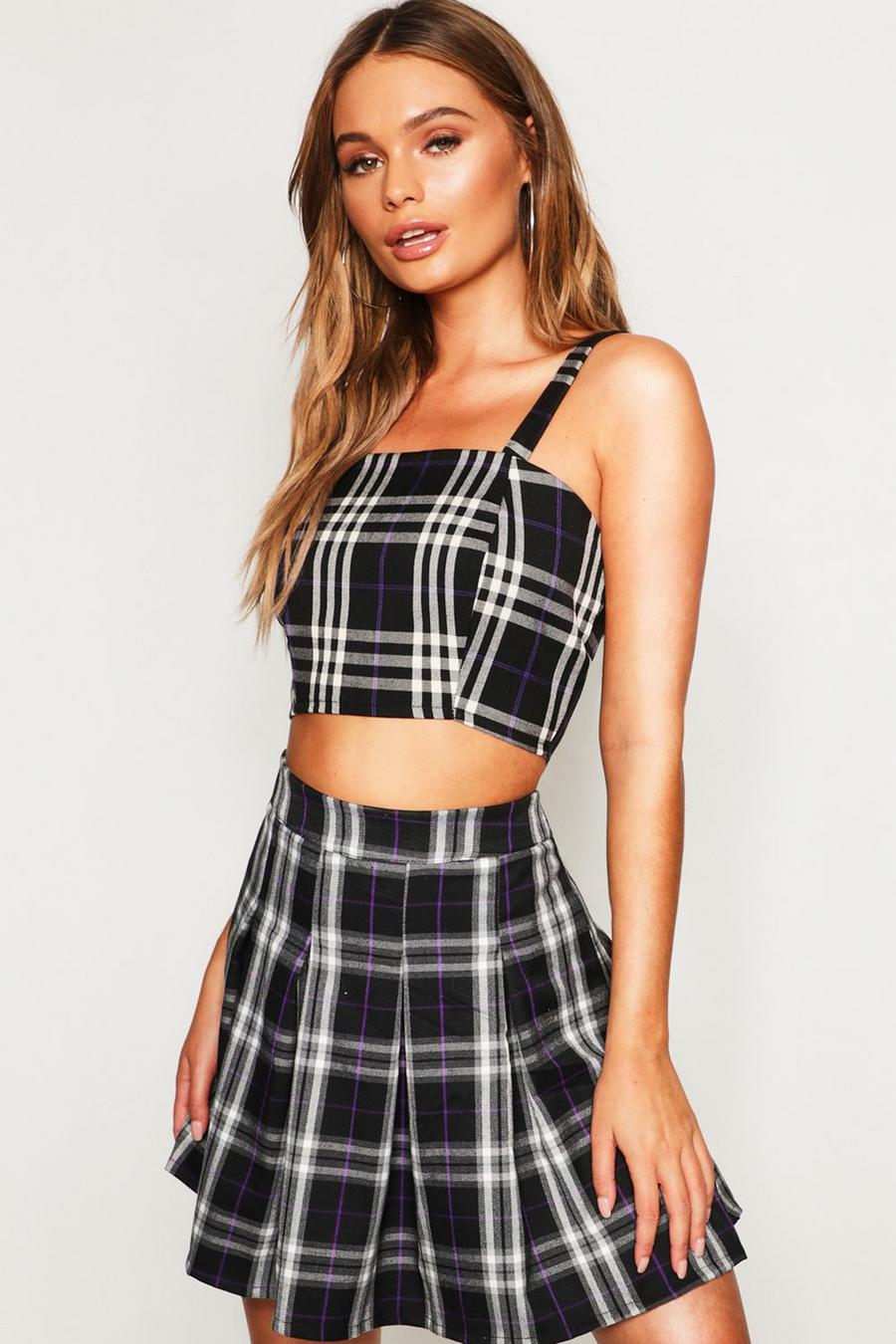 Black Check Box Pleat Mini Skirt image number 1