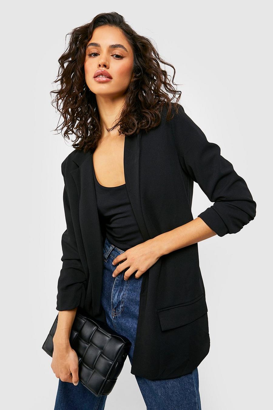 Black Ruched Sleeve Jersey Tailored Blazer