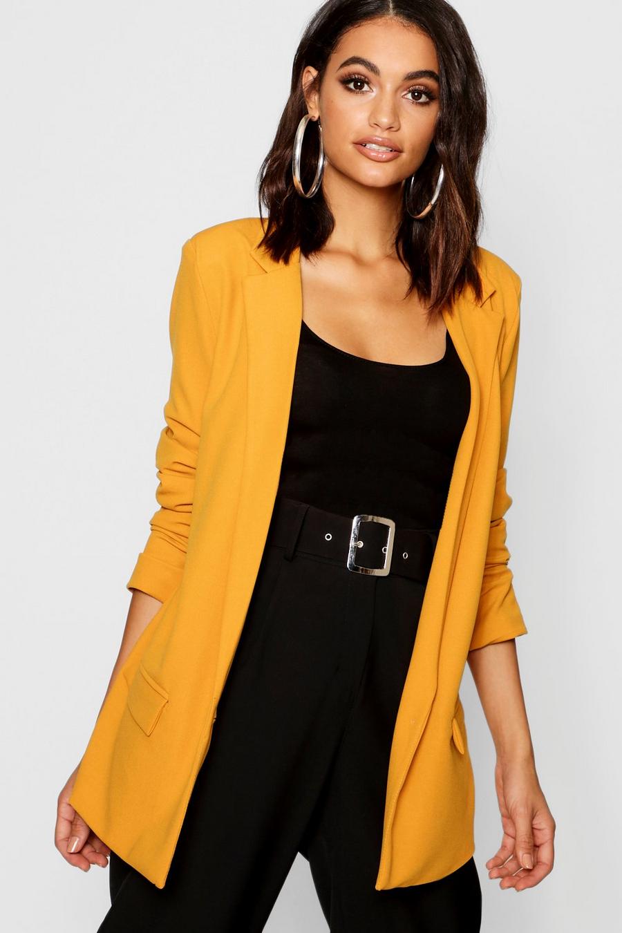 Mustard Ruched Sleeve Jersey Knit Tailored Blazer image number 1