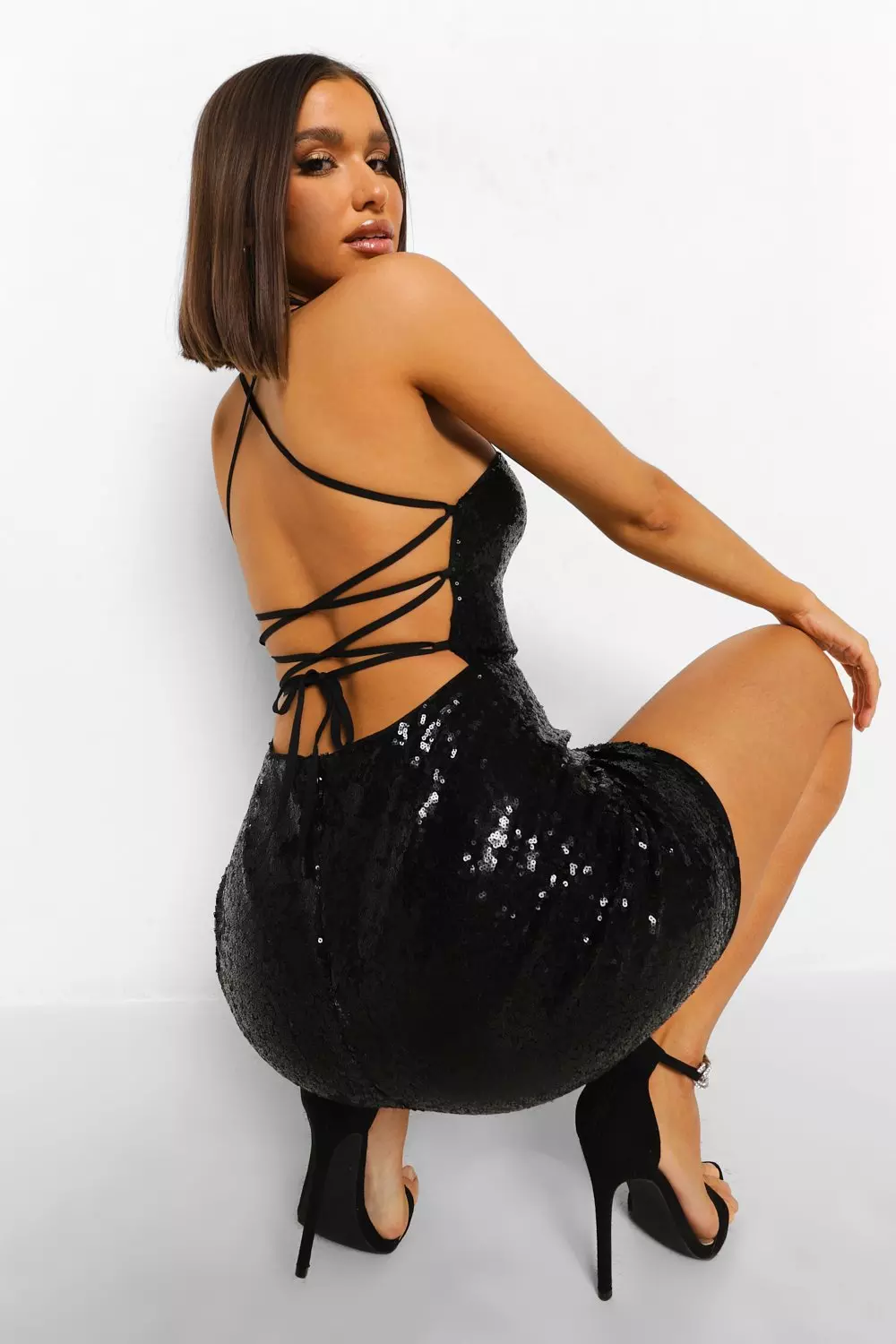 Sequin strappy back bodycon sales dress