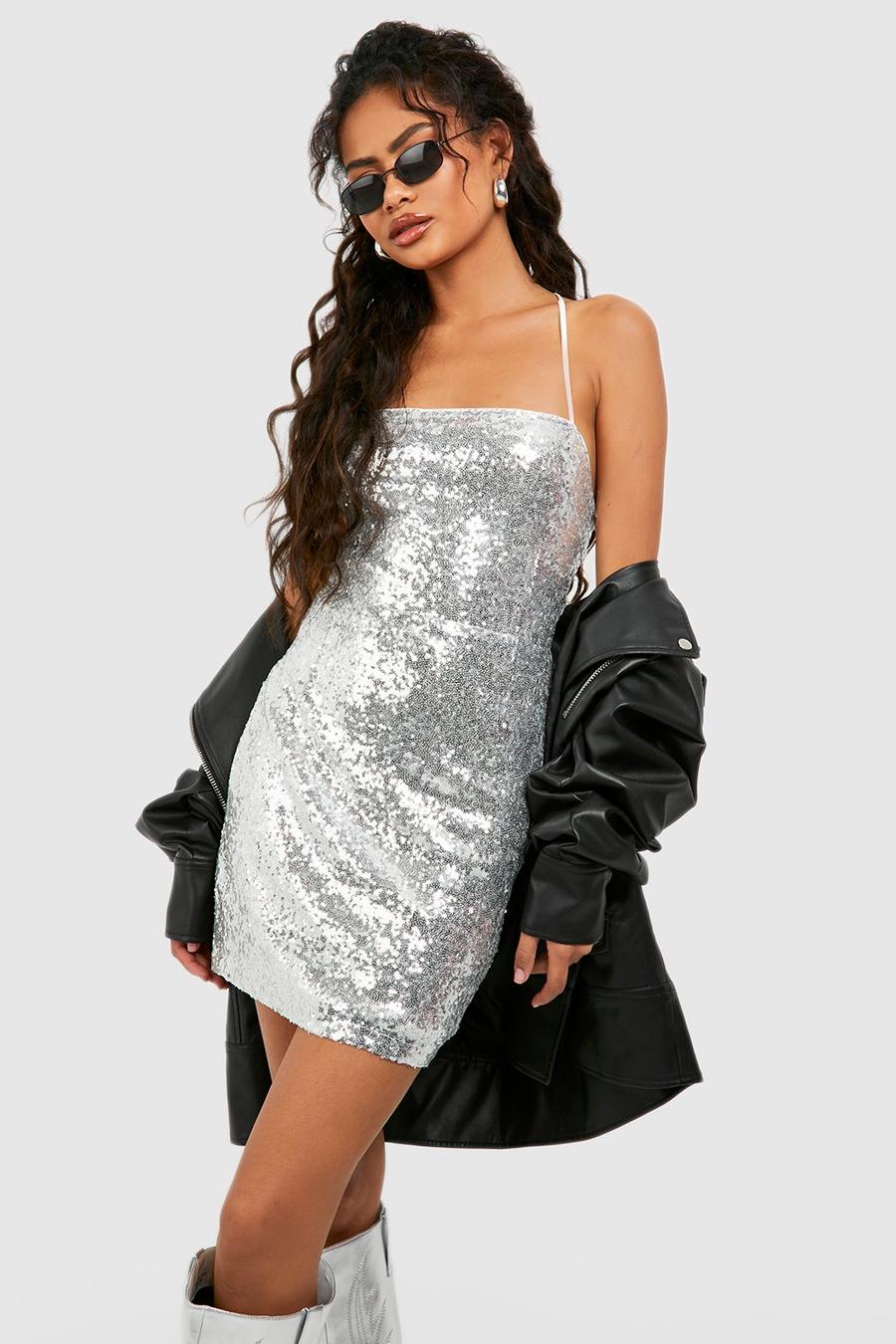 Silver silber Sequin Strappy Back Bodycon Dress