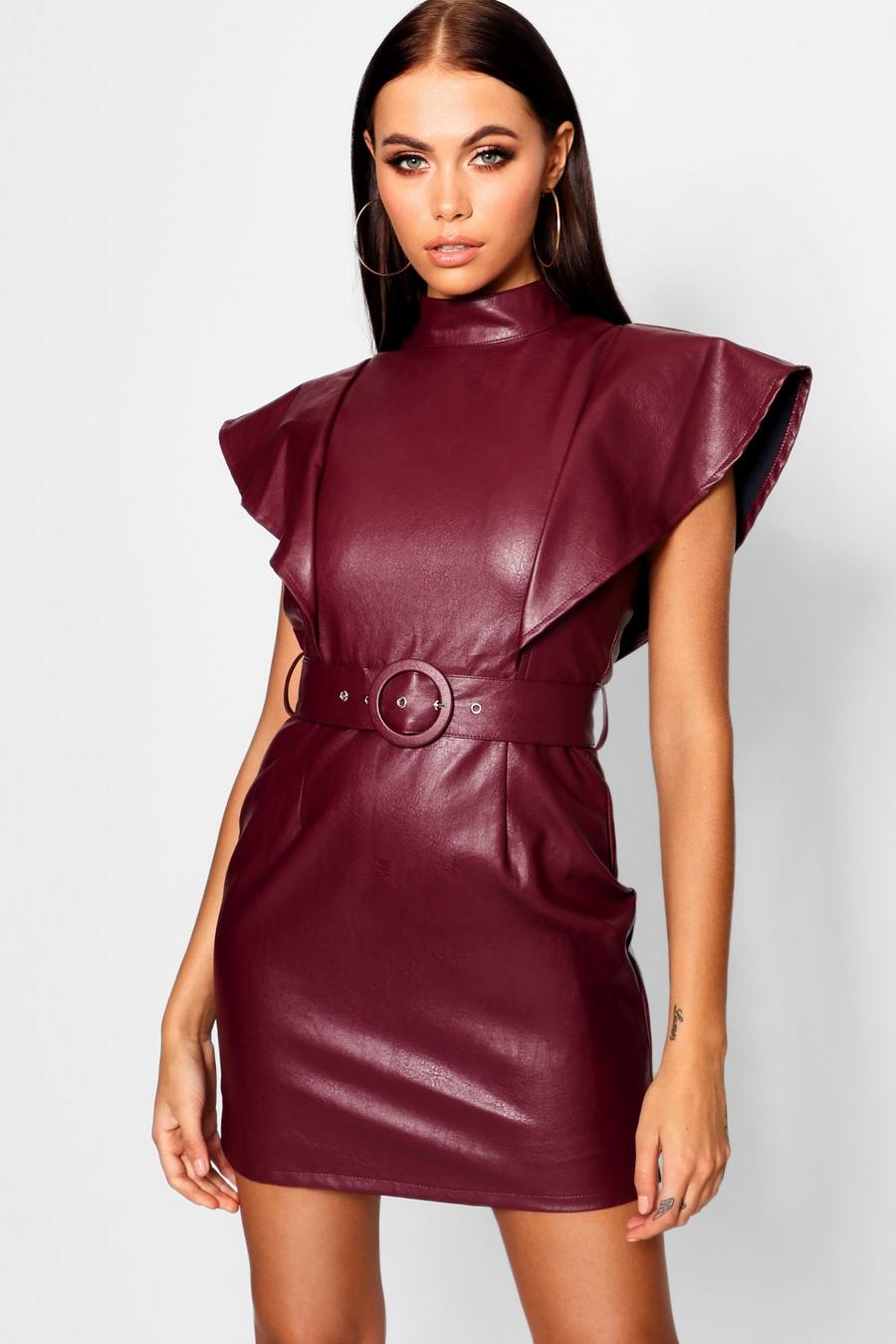 Berry PU Belted Frill Shoulder Bodycon Dress image number 1