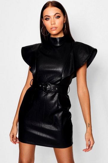 PU Belted Frill Shoulder Bodycon Dress | Boohoo UK