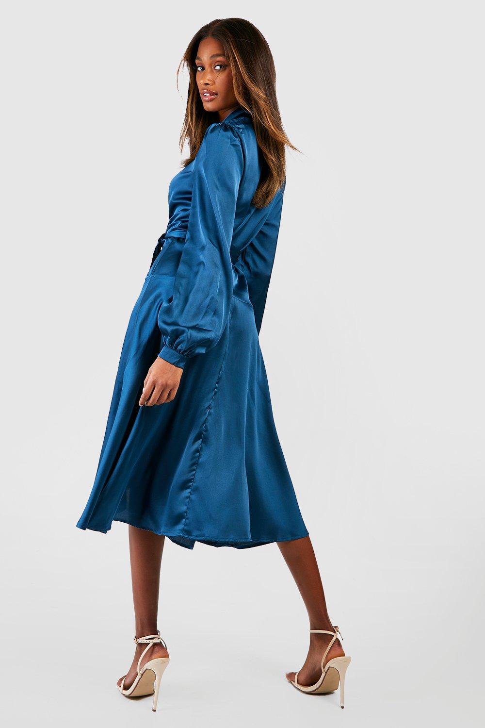 Boohoo blue satin dress sale