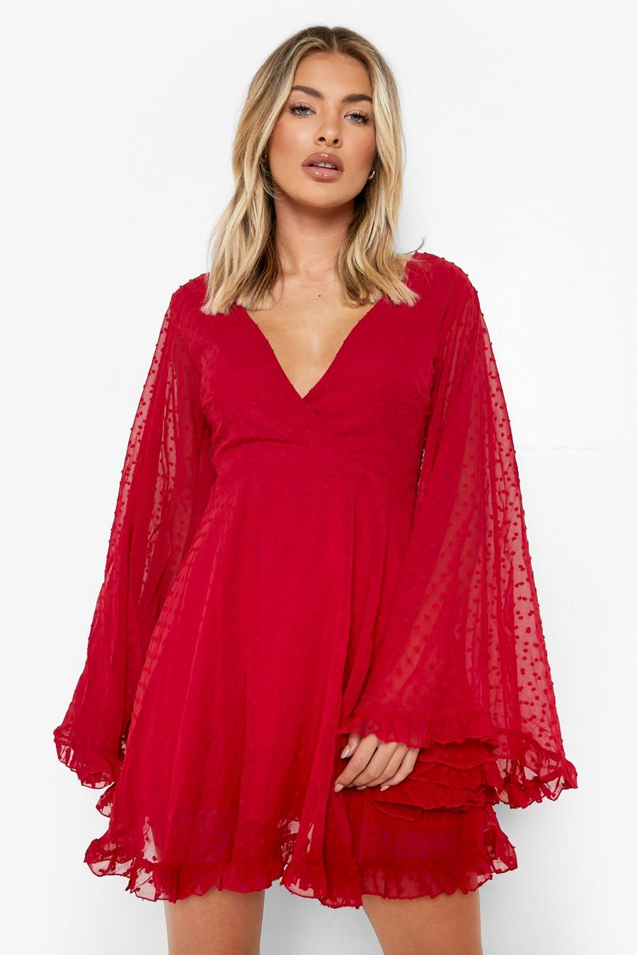 אדום שמלת סקייטר משיפון דובי עם שרוול רחב image number 1