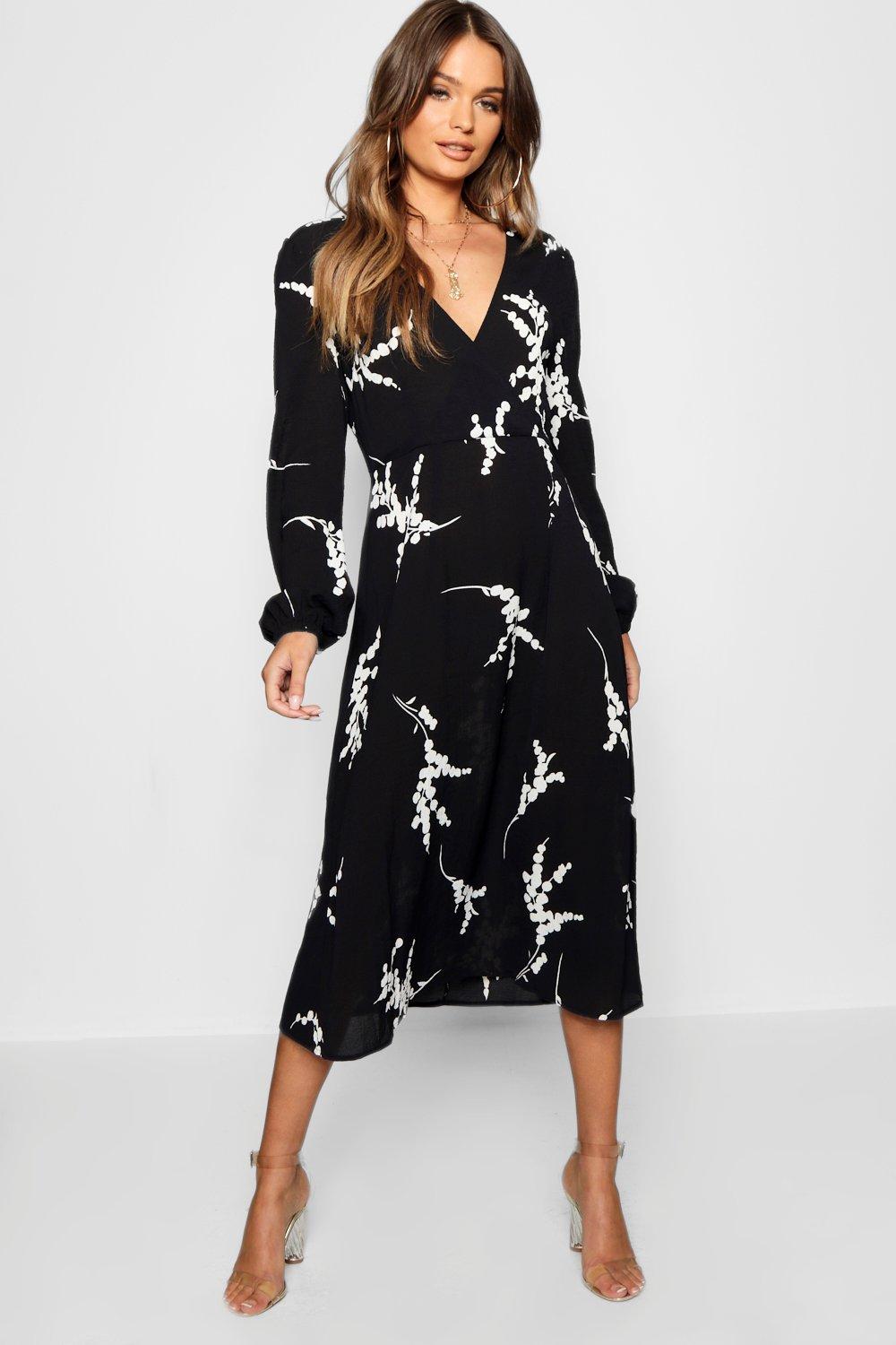 black wrap midi dress with sleeves