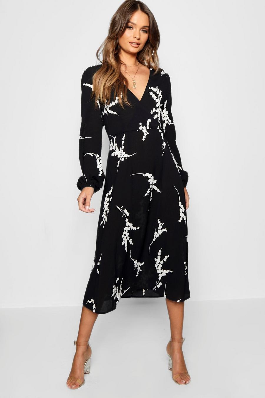 Printed Long Sleeve Wrap Midi Dress image number 1