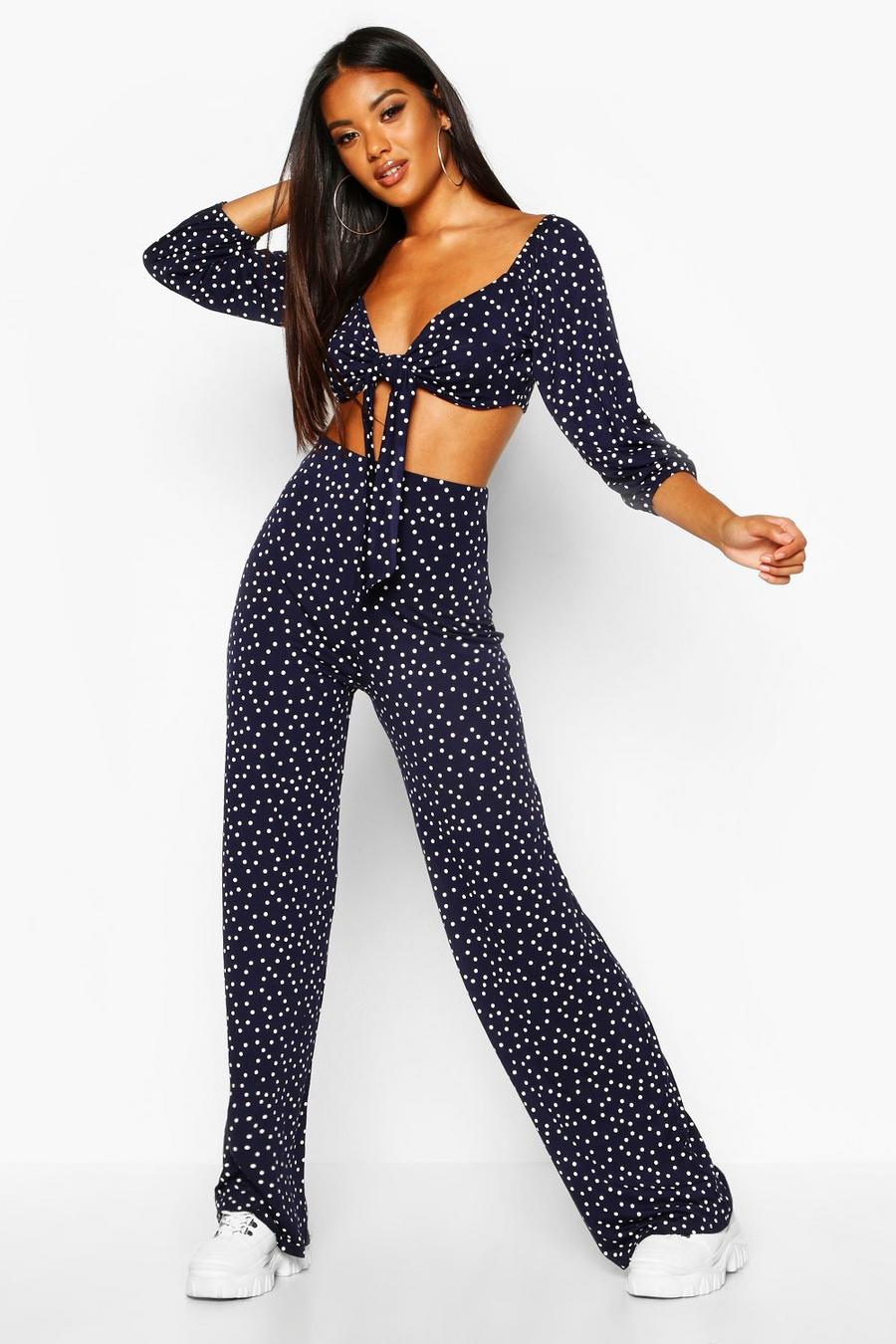 Tie Front Top Polka Dot Wide Leg Pants Co-Ord image number 1
