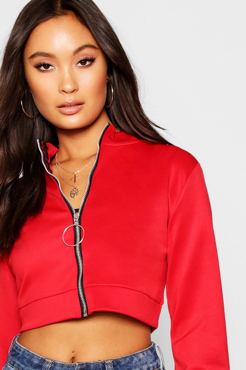 cropped red bomber jacket