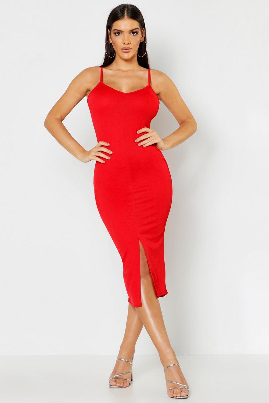 Red Strappy Front Split Midi Dress image number 1