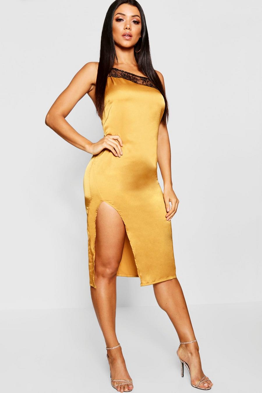 Mustard Lace Trim Satin Thigh Split Midi Dress image number 1