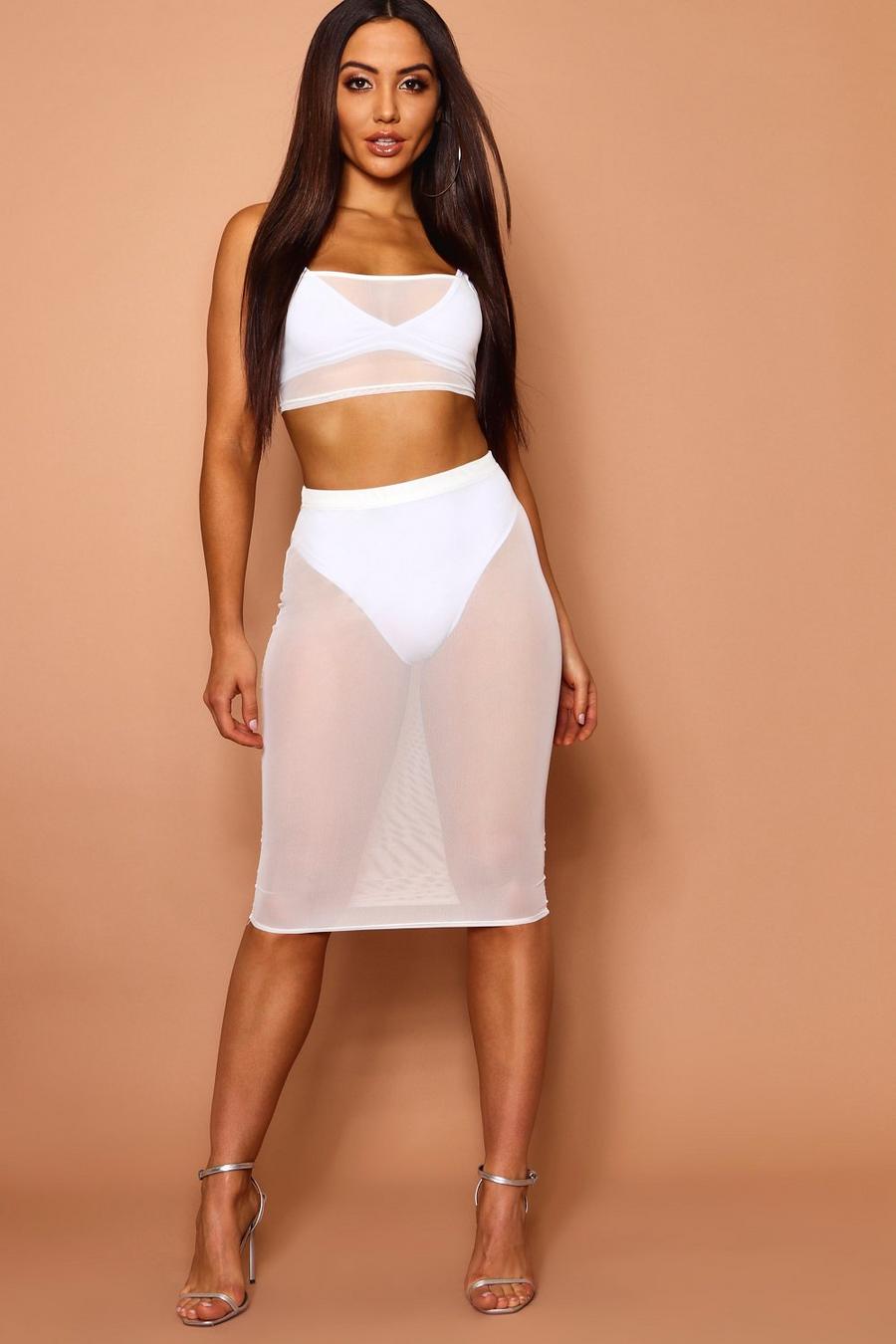 Mesh Fitted Midi Skirt, Ivory image number 1