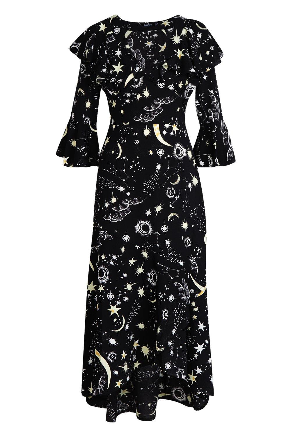 Constellation Print Ruffle Hem Maxi Dress boohoo NO