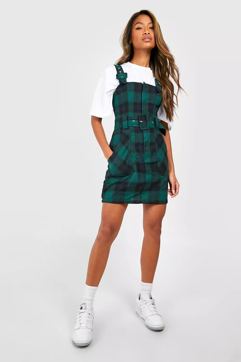 Checked buckle shop detail pinafore dress