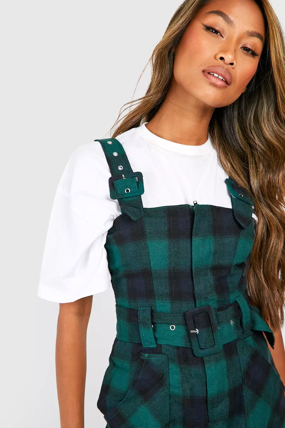 Check buckle pinafore store dress