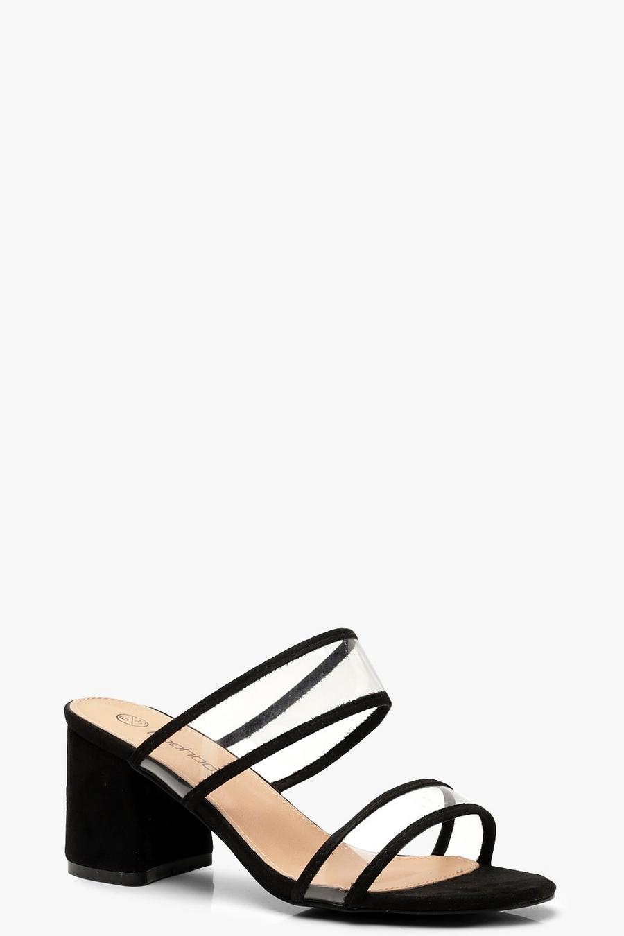 Black Extra Wide Fit Clear Strap Block Heel Mules image number 1