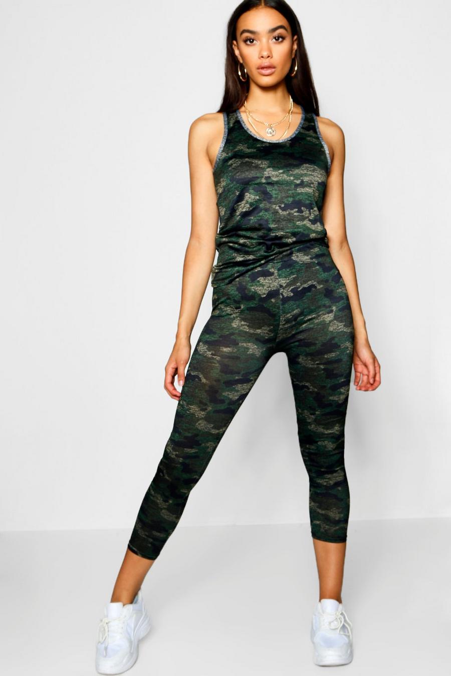 Green Camo Print Sports Tank Top And Leggings image number 1