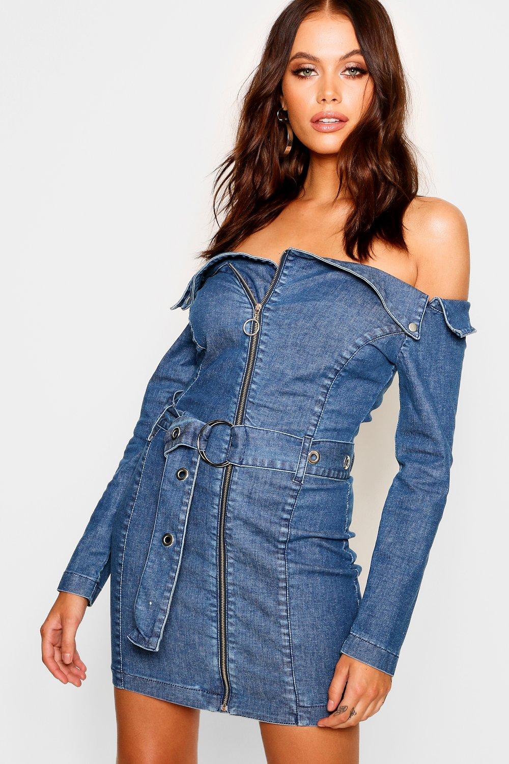 boohoo off the shoulder denim dress