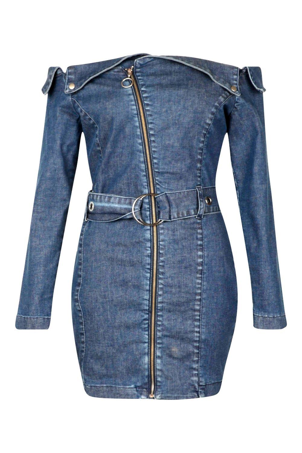 boohoo off the shoulder denim dress