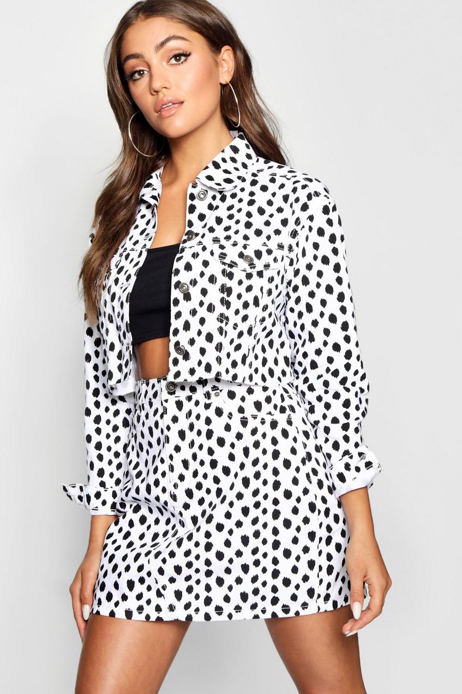 White Dalmation Print Cropped Denim Jacket image number 1