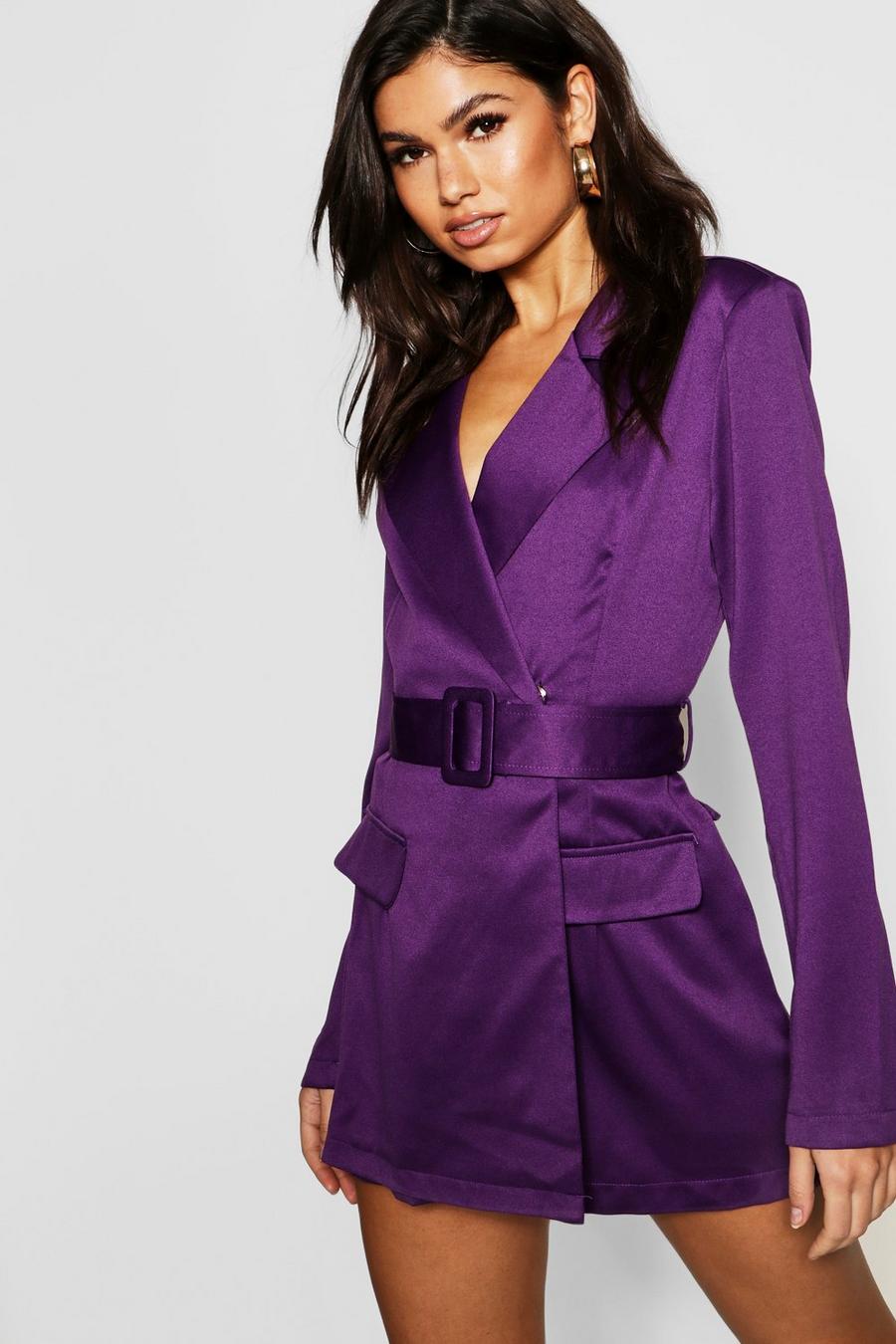 Purple Satin Belted Blazer Playsuit image number 1
