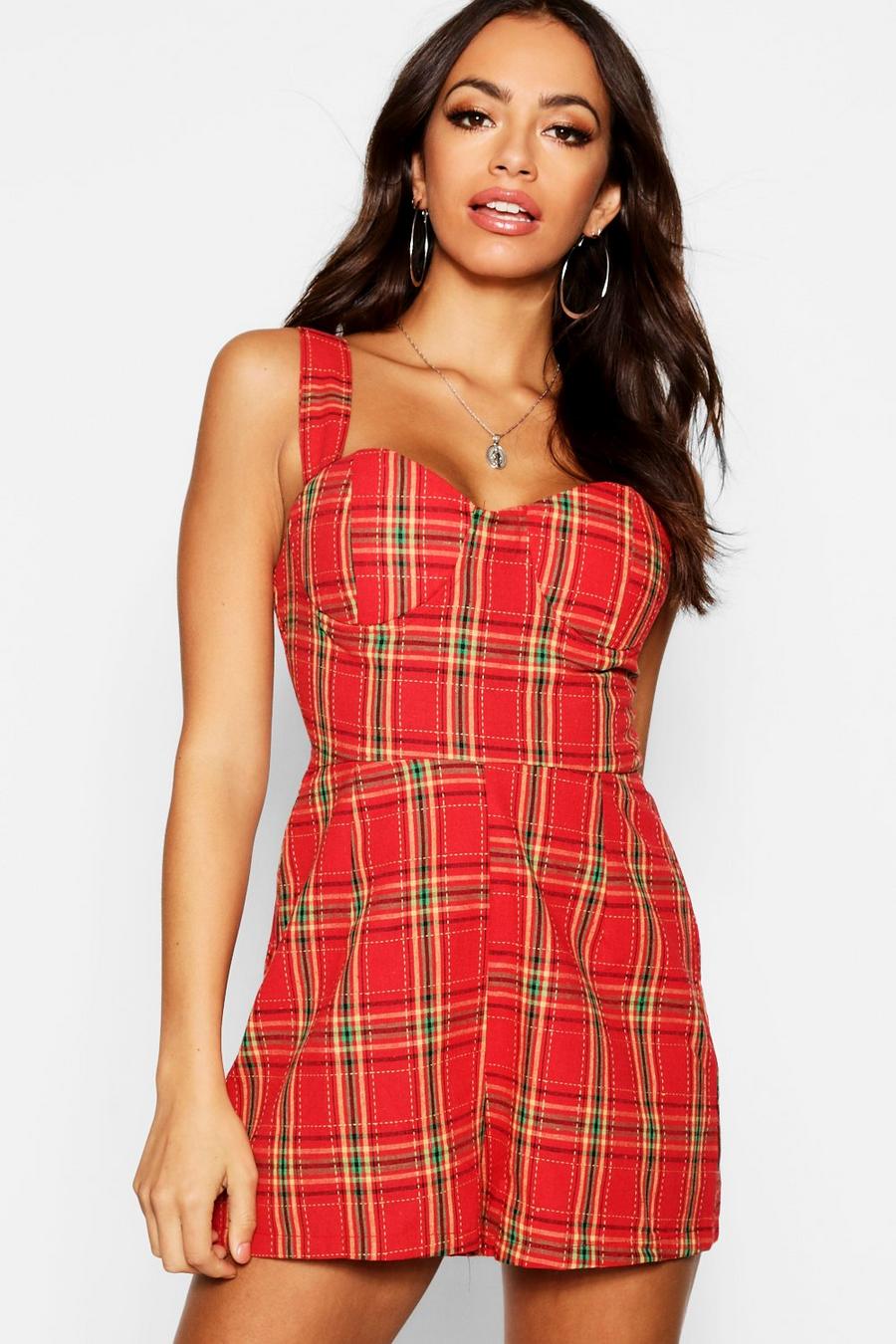 Red Plaid Check Moulded Cup Sweetheart Romper image number 1