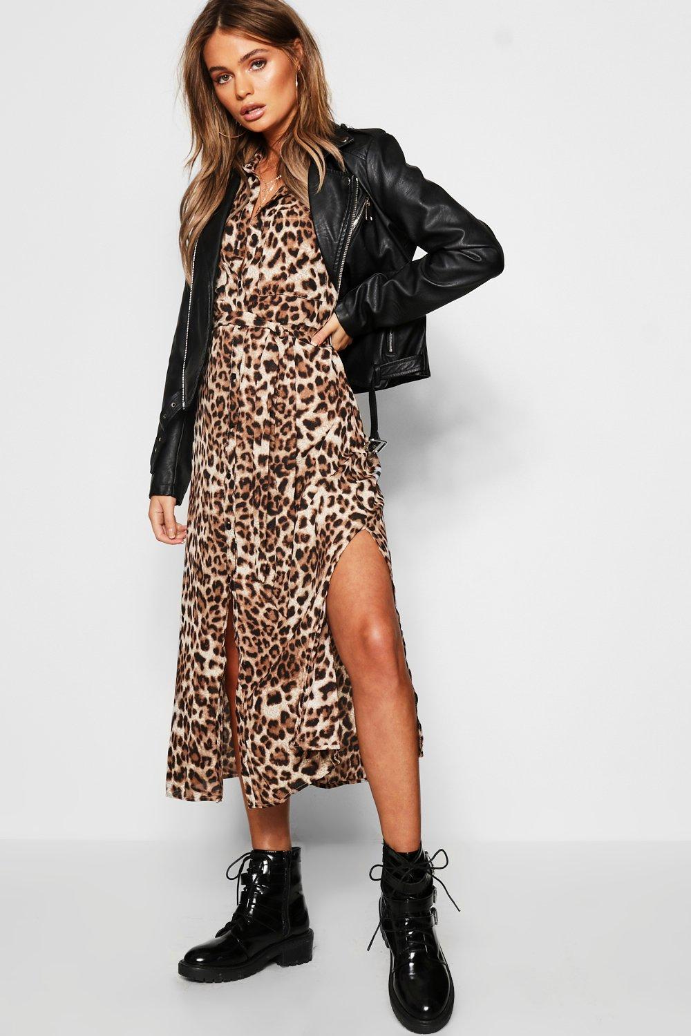 animal print shirt midi dress