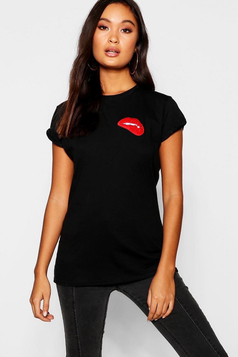 Besticktes T-Shirt mit Lippen-Print, Schwarz image number 1