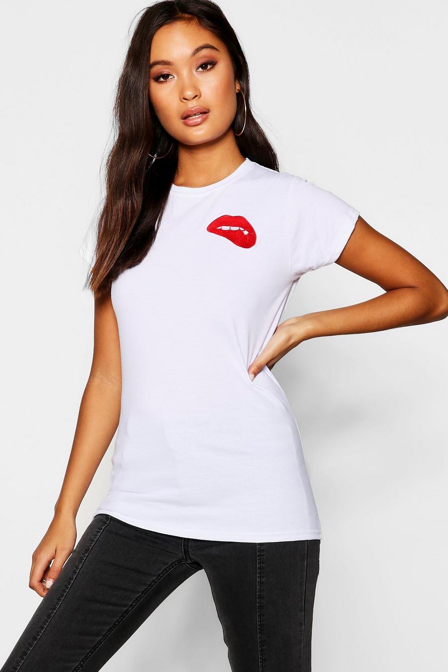 Besticktes T-Shirt mit Lippen-Print, Weiß image number 1