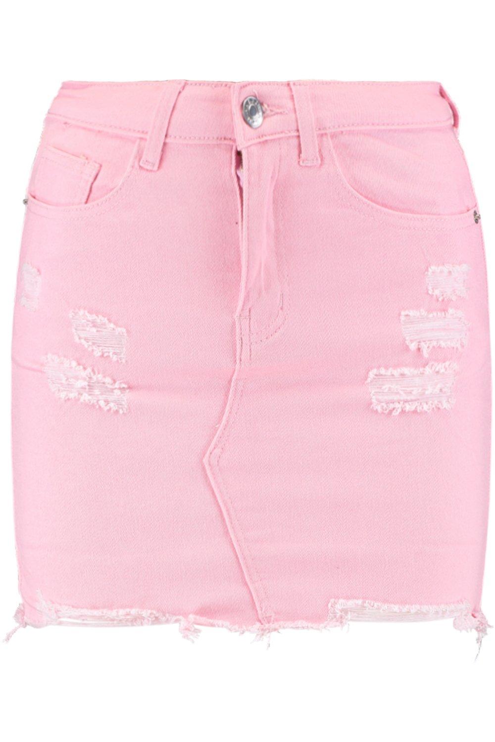 Pink Distressed Denim Mini Skirt