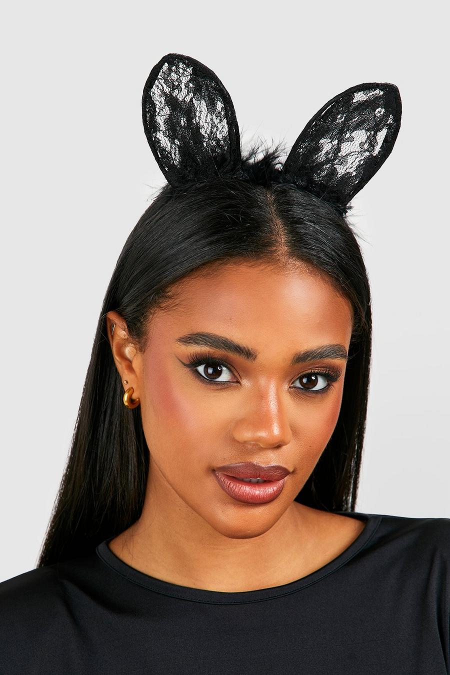 Maschera Halloween con orecchie da gatto in piume e pizzo nero