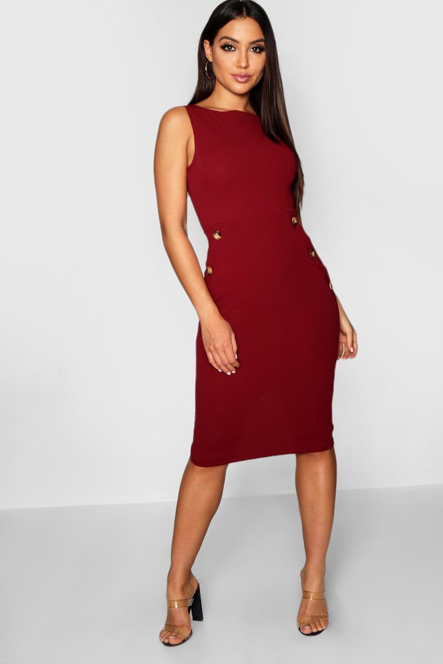 Berry Boat Neck Button Detail Midi Dress image number 1