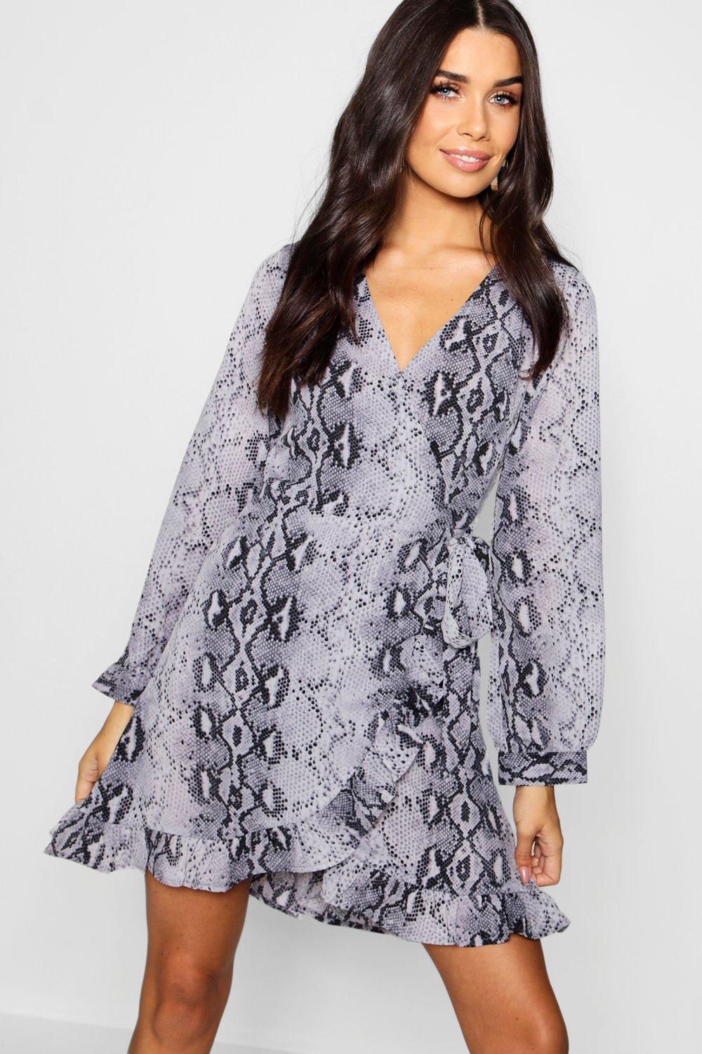 grey snake print wrap dress