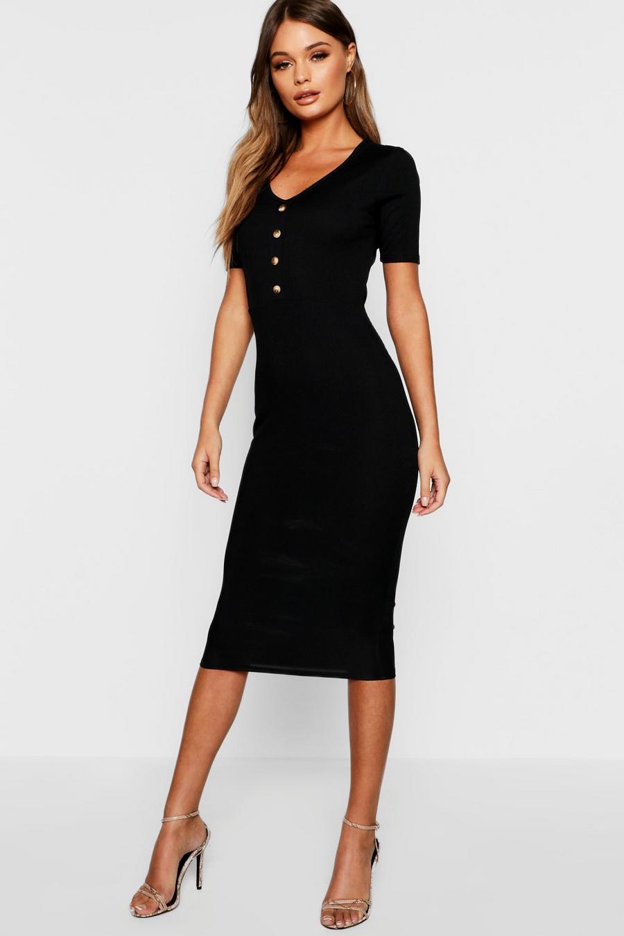 Horn Button Half Sleeve Ribbed Midi Dress image number 1