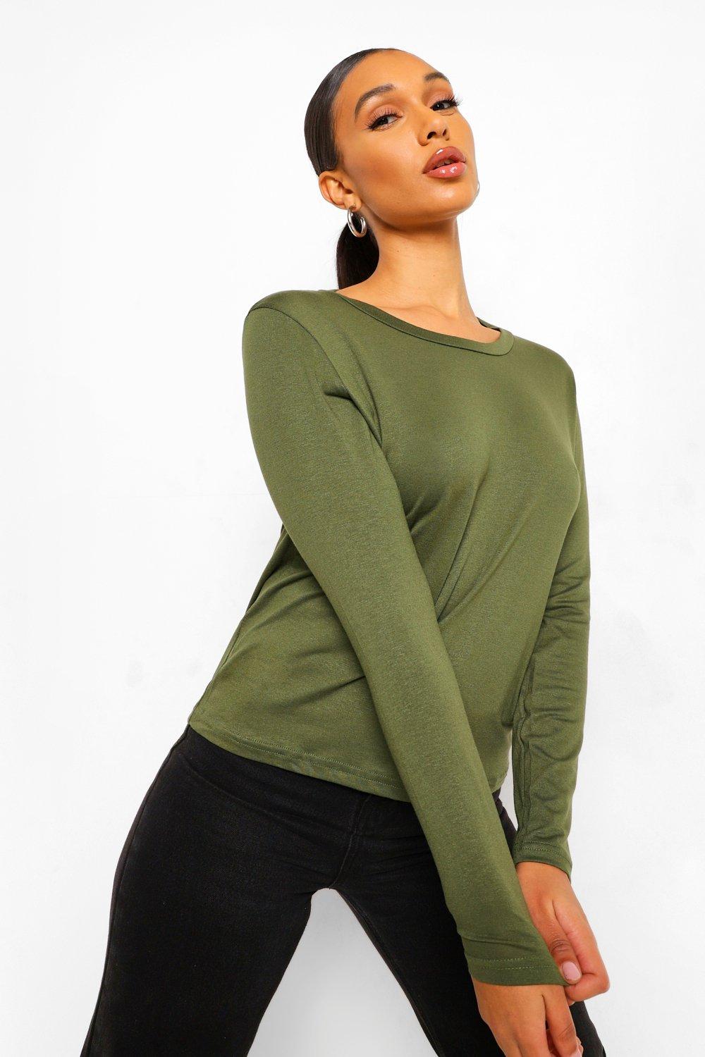 Women's Khaki Basic Long Sleeve Crew Neck T-Shirt | Boohoo UK