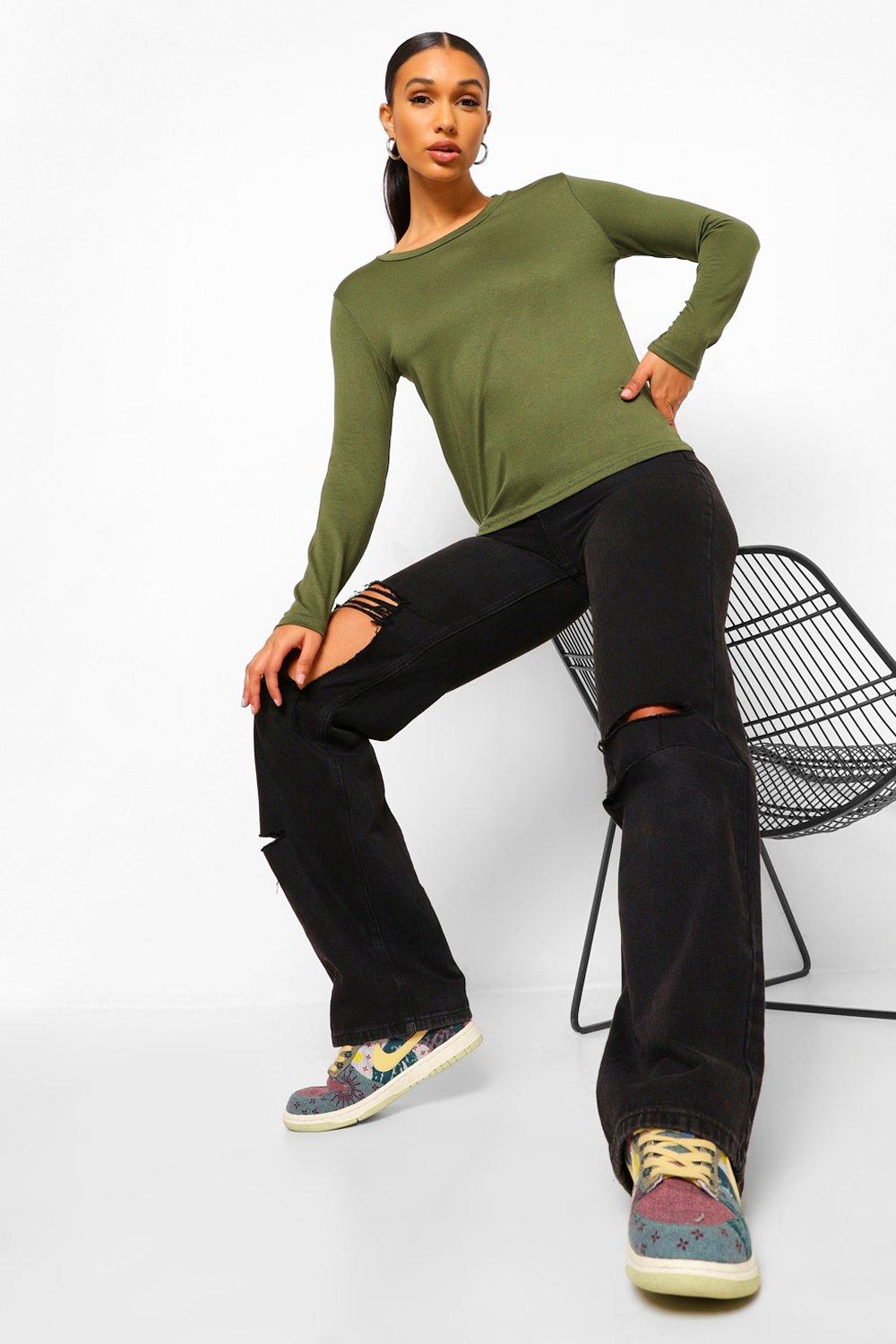 Women's Khaki Basic Long Sleeve Crew Neck T-Shirt | Boohoo UK