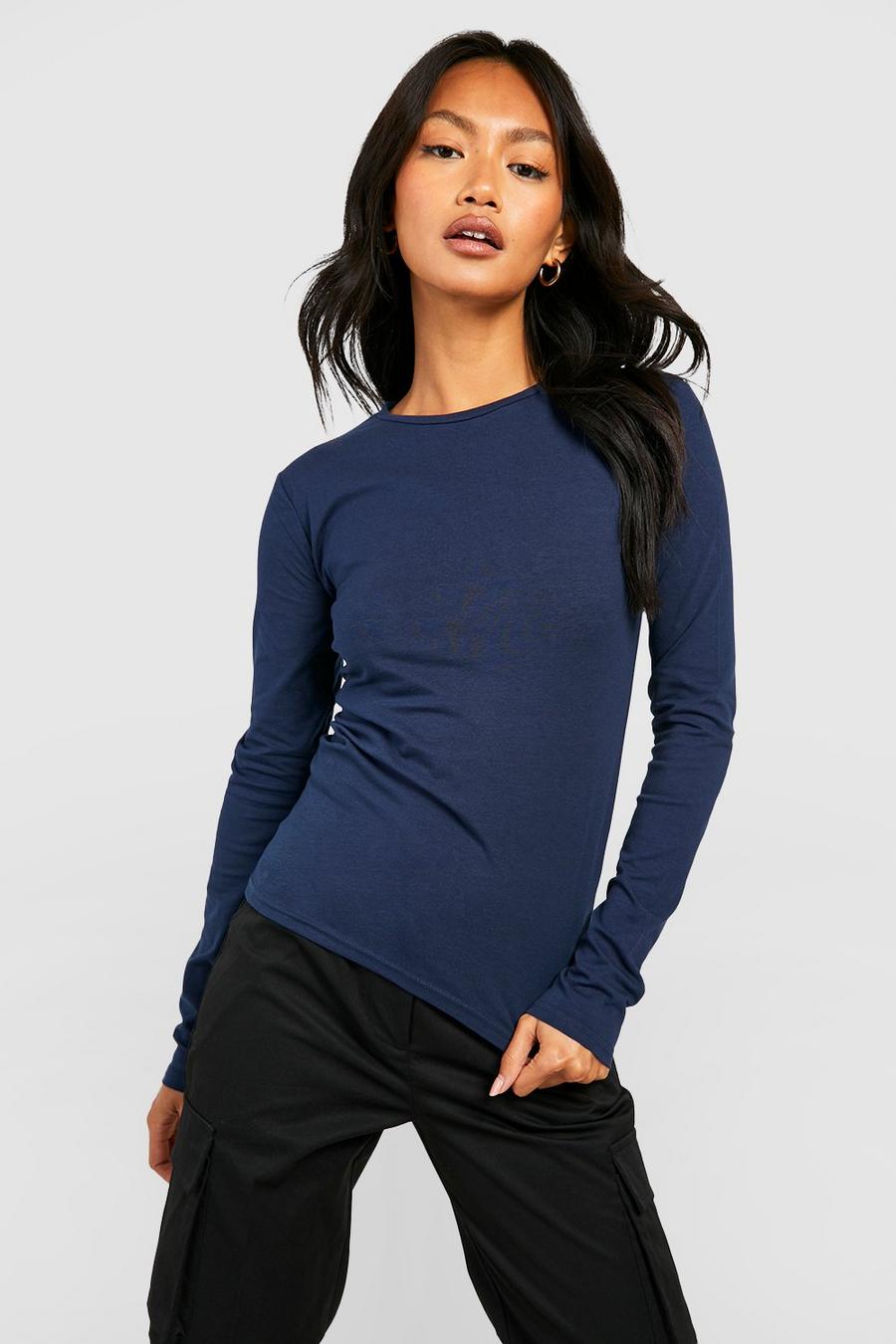 Basic Rundhals T-Shirt mit langen Ärmeln, Marineblau