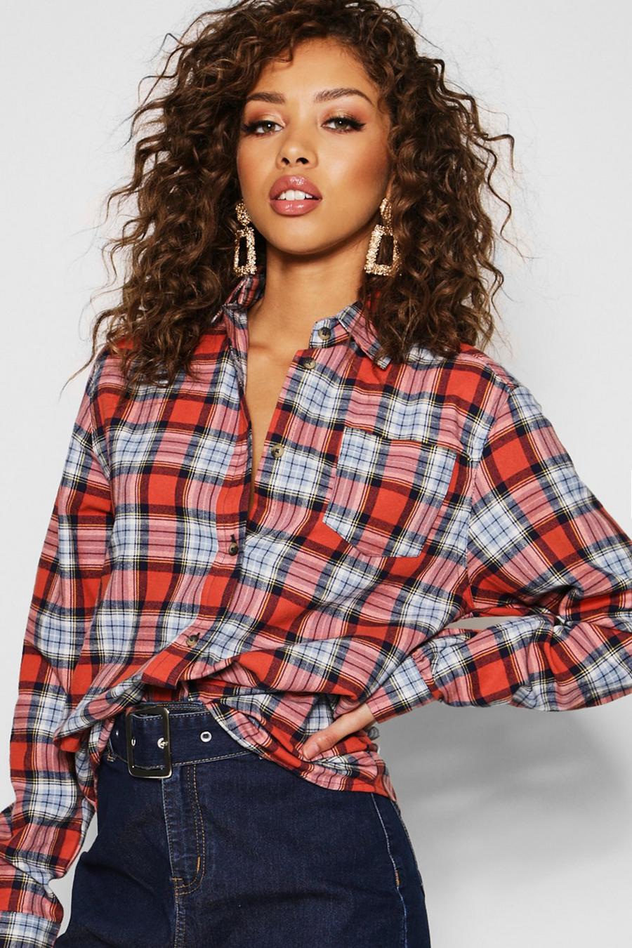 Oversized Flannel Check Shirt, Red image number 1
