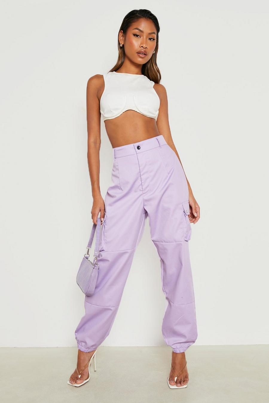 Lilac High Waisted Casual Woven Cargo Pants image number 1