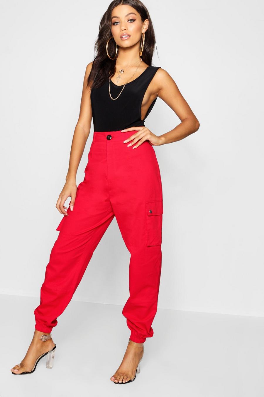 Red High Waisted Casual Woven Cargo Pants
