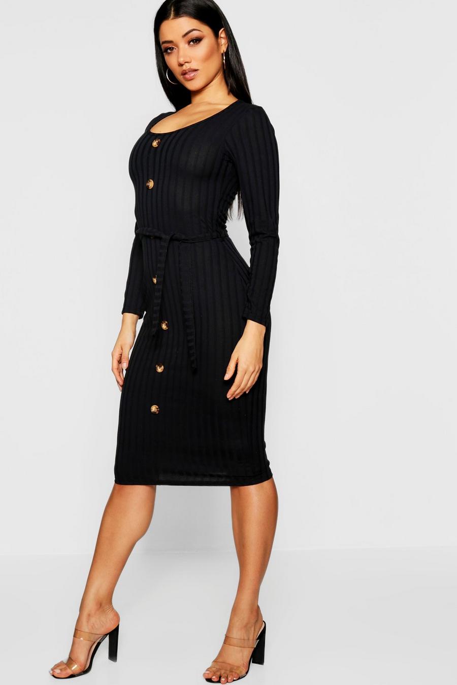 Black Belted Long Sleeve Button Up Rib Knit Dress image number 1